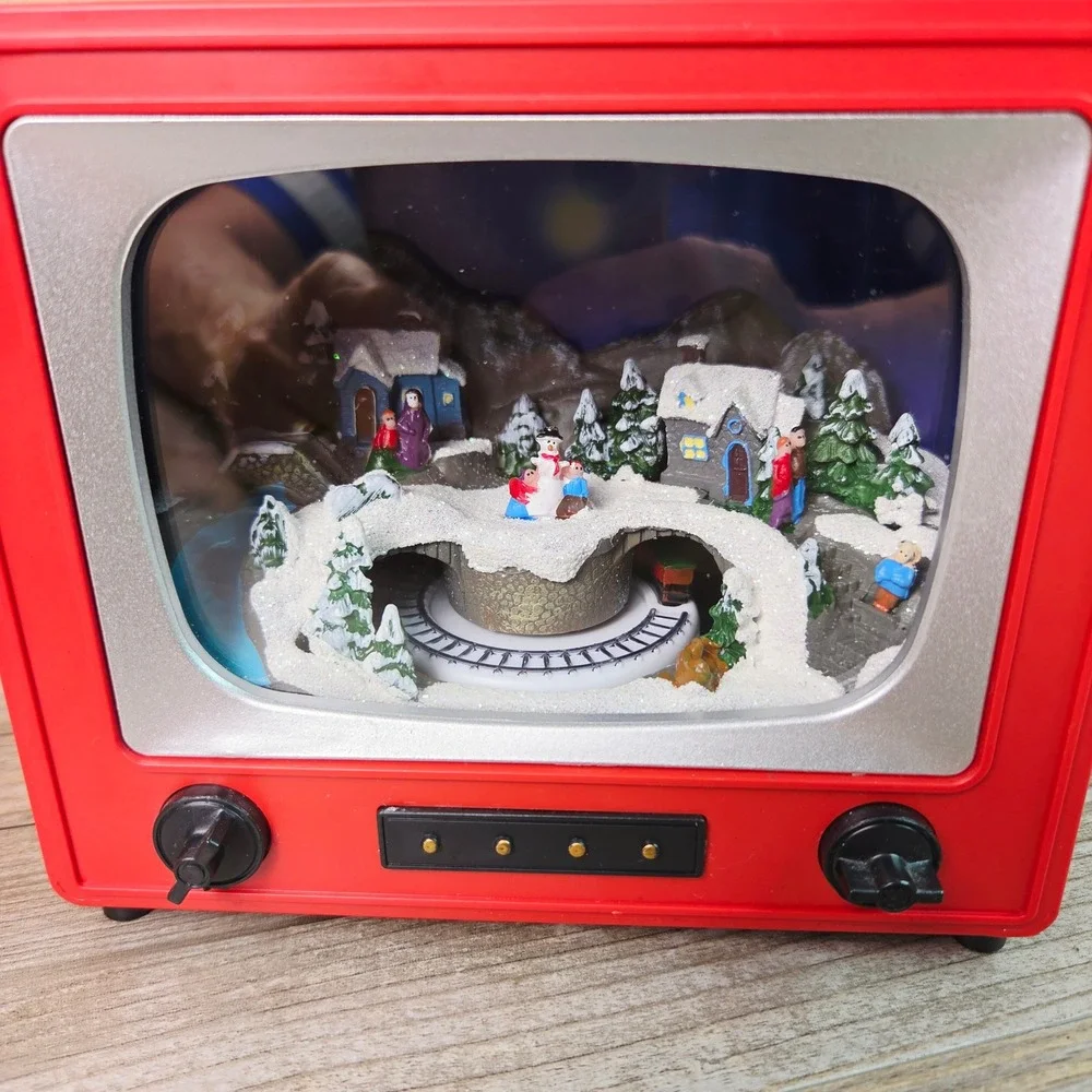 Retro TV Christmas Village‎ Scene Animated Lighted Holiday Decoration Train